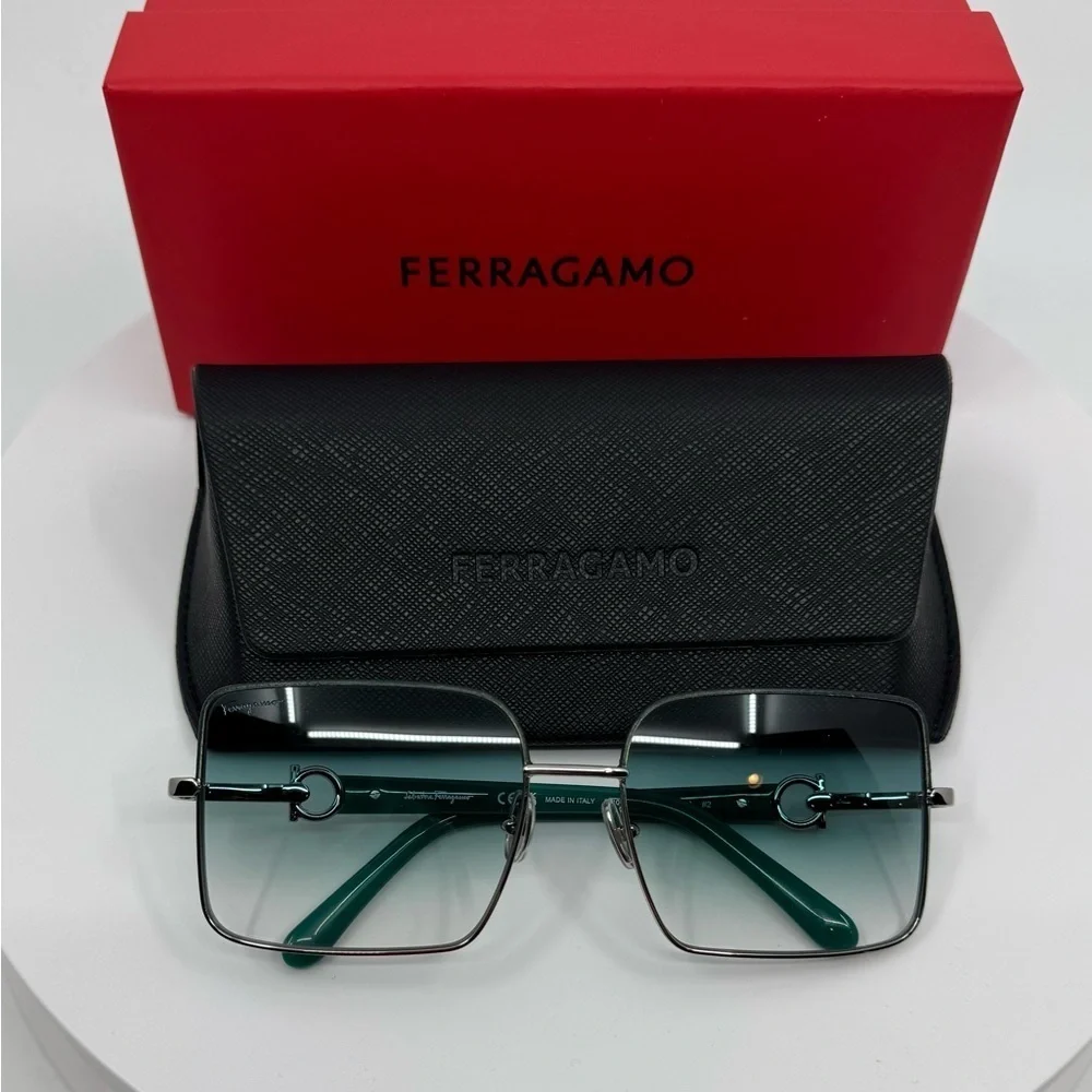 NEW! Salvatore Ferragamo Rectangle Sunglasses Silver Frame /Turquoise Gradient